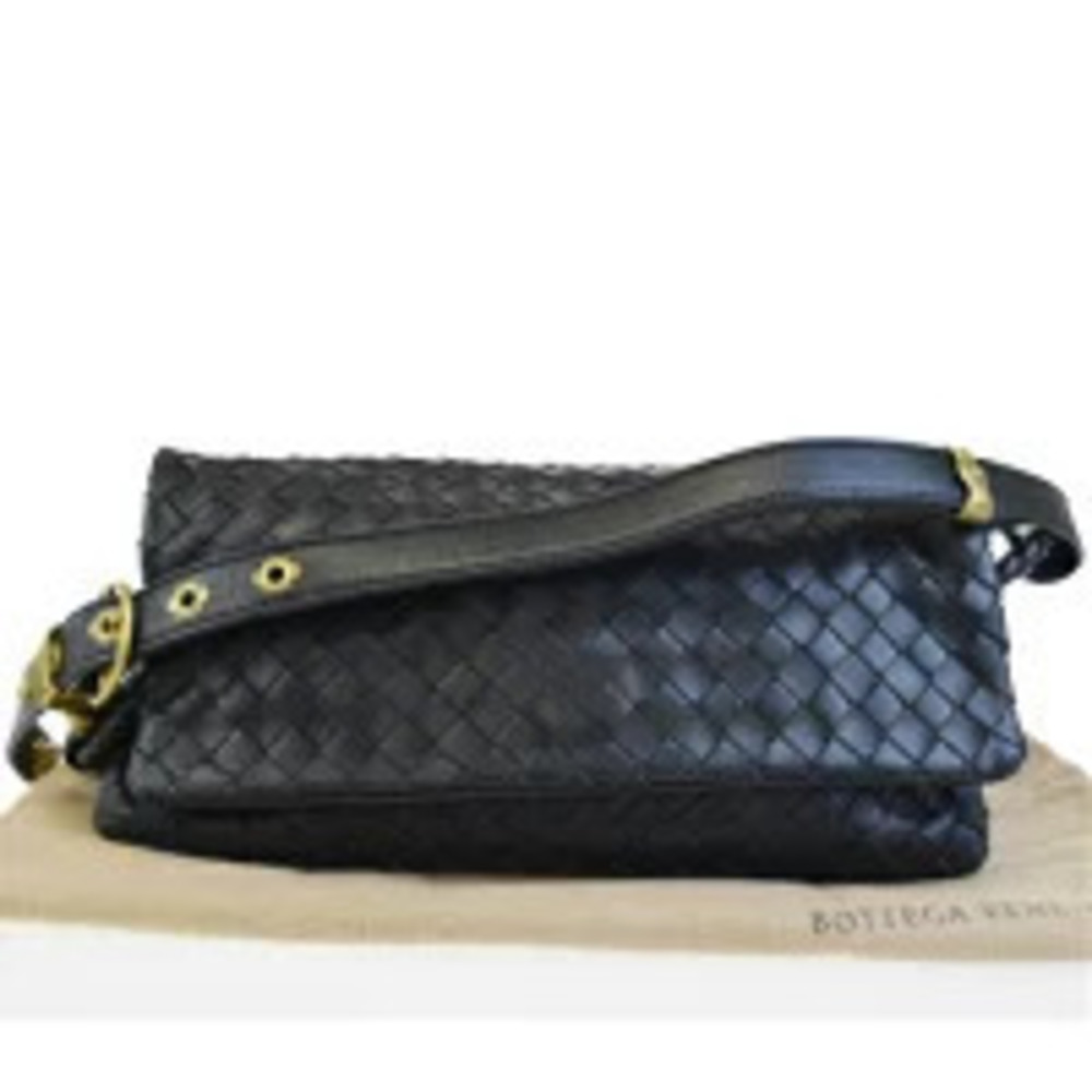 Bottega Veneta Intrecciato Shoulder Bag Black Leather